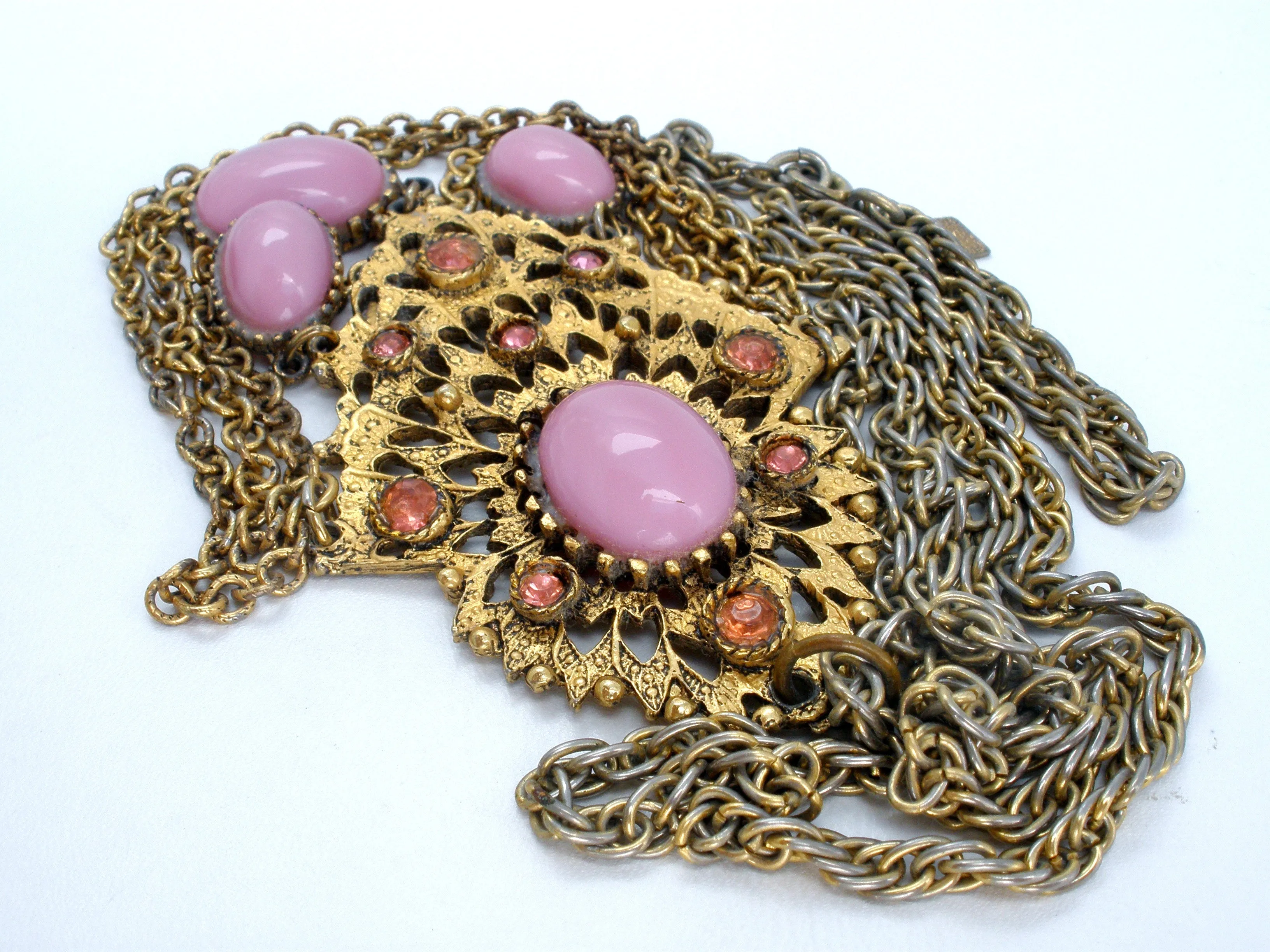 Vintage Pink Rhinestone Gold Chain Necklace