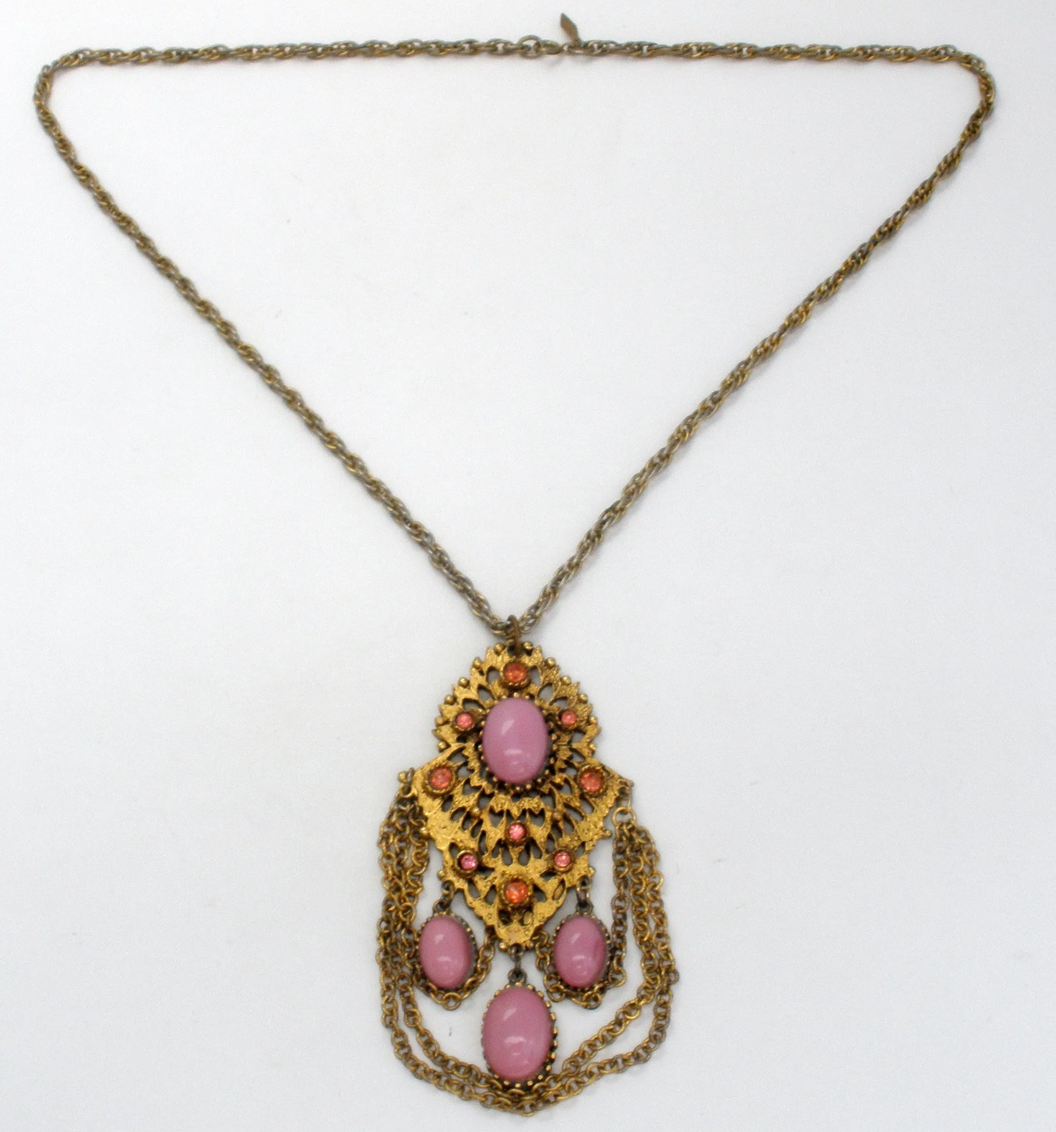 Vintage Pink Rhinestone Gold Chain Necklace