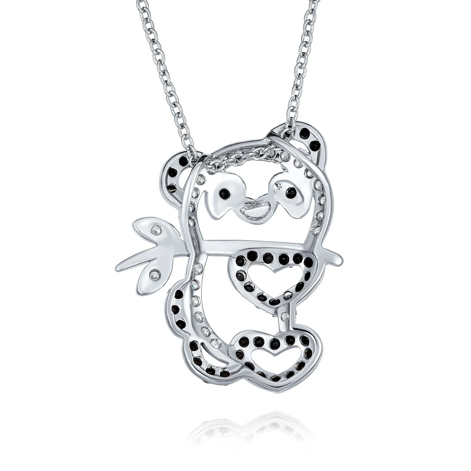 Whimsical Panda Bear Pendant Necklace with Black & White Cubic Zirconia Silver Plated