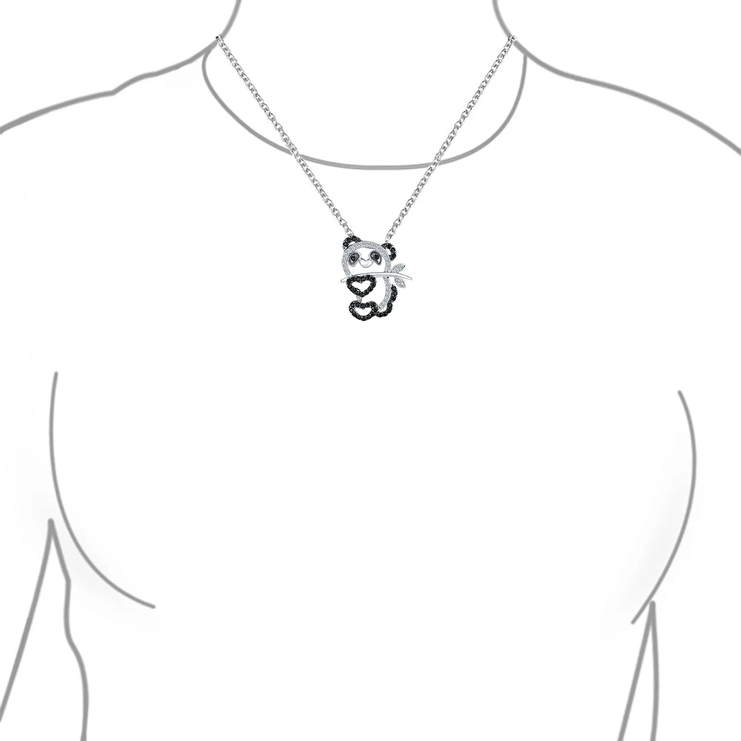 Whimsical Panda Bear Pendant Necklace with Black & White Cubic Zirconia Silver Plated