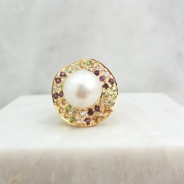 White South Sea Pearl with Pave of Rhodolite Garnet, White Zircon, Citrine & Peridot Cocktail Ring