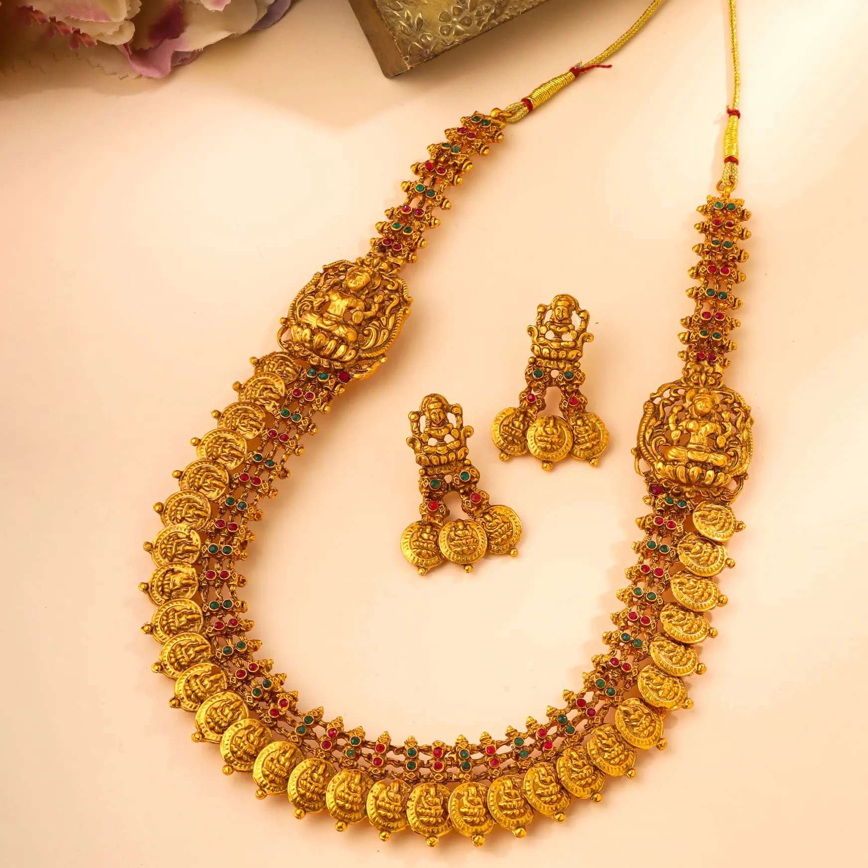 Yellow Chimes Jewellery Set for Women and Girls Temple Jewellery Set | Gold Plated Coin Designed Temple Jewellery Set | Birthday Gift for girls and women Anniversary Gift for Wife